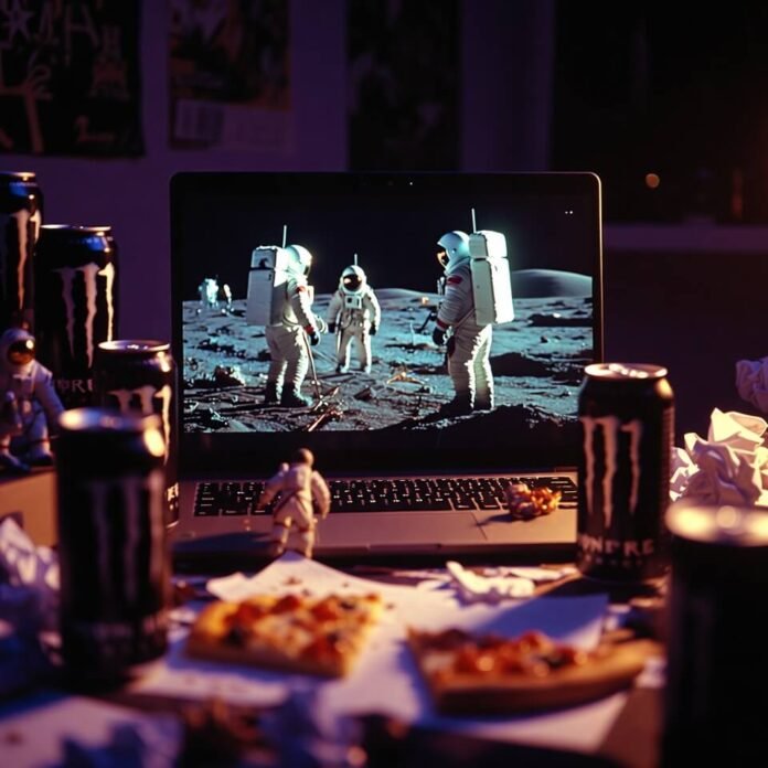 Late-night laptop showing Apollo 11, pizza, and Monster cans Late-night laptop showing Apollo 11, pizza, and Monster cans