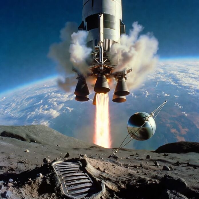 Saturn V rocket mid-launch with Earth curvature visible below, Saturn V rocket mid-launch with Earth curvature visible below,