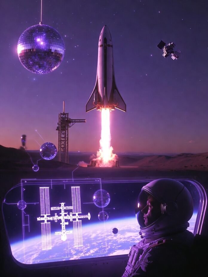 reusable rocket standing vertically on a dusty Texas launchpad at golden hour