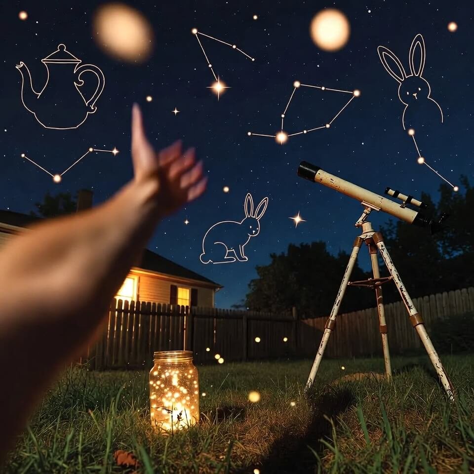 Lying on grass reaching for faint stars, house lights