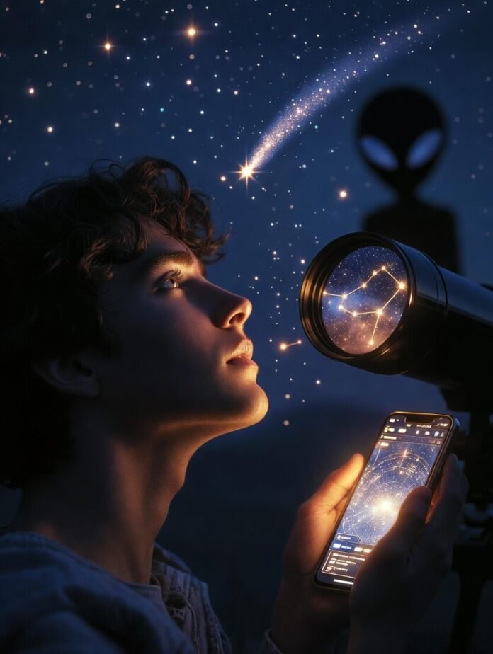 American backyard holding a phone up to a very light-polluted sky
