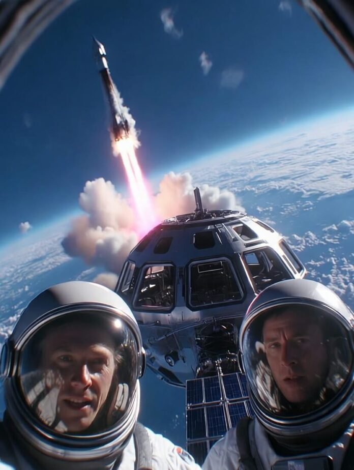 Falcon Heavy booster landing back on a drone ship at sunset while a Starship prototype