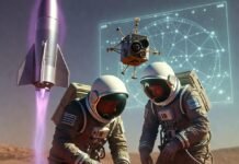 The Future of Space Innovation: What’s Coming Next? sleek reusable rocket with glowing purple plasma exhaust trail