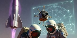 The Future of Space Innovation: What’s Coming Next? sleek reusable rocket with glowing purple plasma exhaust trail