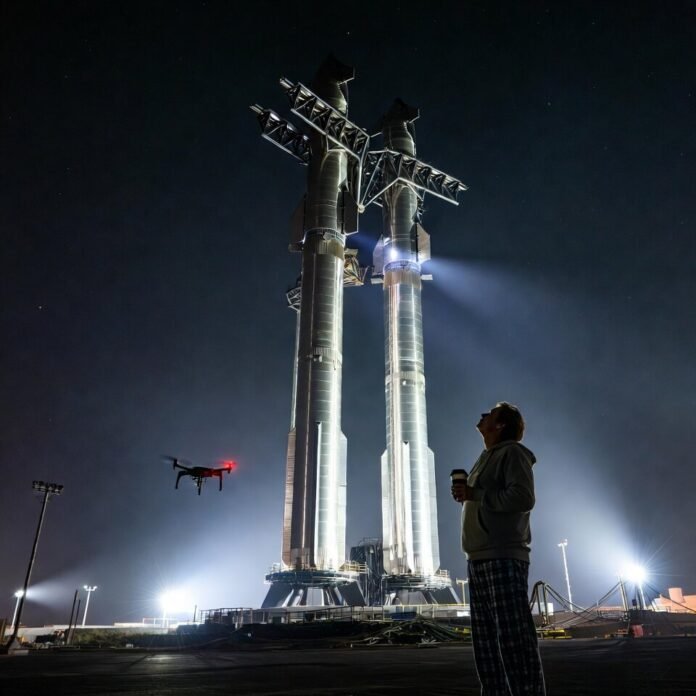 floodlights while a regular guy in hoodie and pajama pants stands