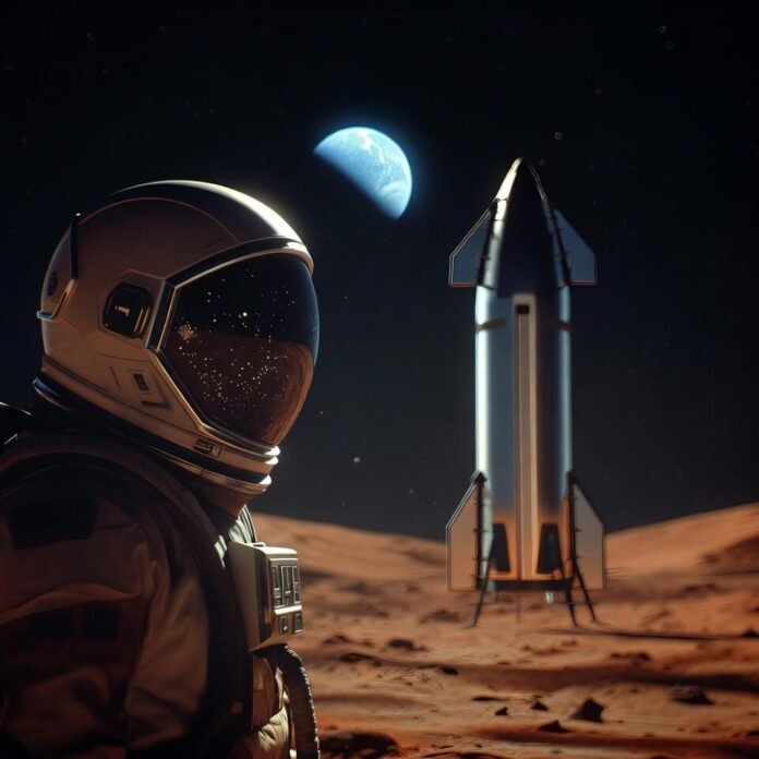 Earth as a tiny blue marble in the black sky